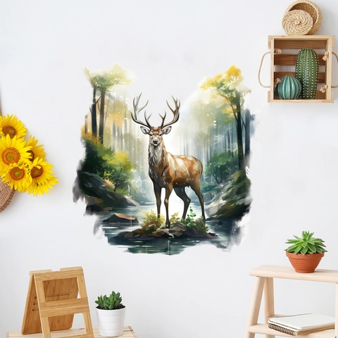 Aquarell Hirsch Im Wald Bach PVC Wandtattoo Entfernbar Künstlerische Tier Wandaufkleber Für Wohnzimmer Schlafzimmer Dekor