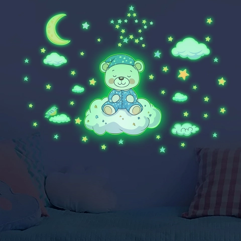 Luminous Bear Moon Stars Wall Stickers Glow In The Dark PVC Decorative Decals For Kids Room Bedroom Nursery Home Decor
