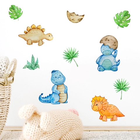 Pegatinas de Pared de Dinosaurios en Acuarela Para Decoración de Habitación Infantil Autoadhesivo PVC Dibujos Animados Hojas