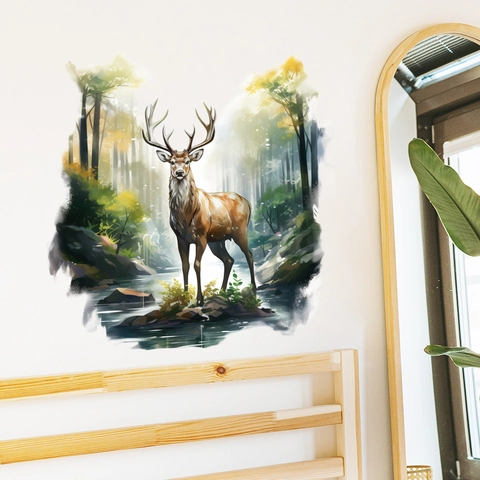 Aquarell Hirsch Im Wald Bach PVC Wandtattoo Entfernbar Künstlerische Tier Wandaufkleber Für Wohnzimmer Schlafzimmer Dekor