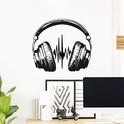 Minimalist Headphone Audio Wave Wall Sticker Removable Black PVC Music Studio Decor Art Decal For Living Room Bedroom