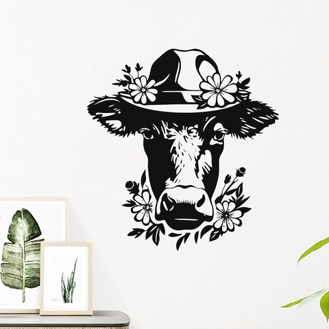 Creatieve PVC Koeienkop Bloem Hoed Muursticker Verwijderbare Waterdichte Vinyl Sticker Voor Woonkamer Slaapkamer Decoratie