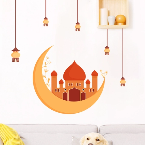 Pegatina de Pared Creativa Luna Castillo Ramadán PVC Removible Islámico Eid Mubarak Linterna Decoración Hogar Mural