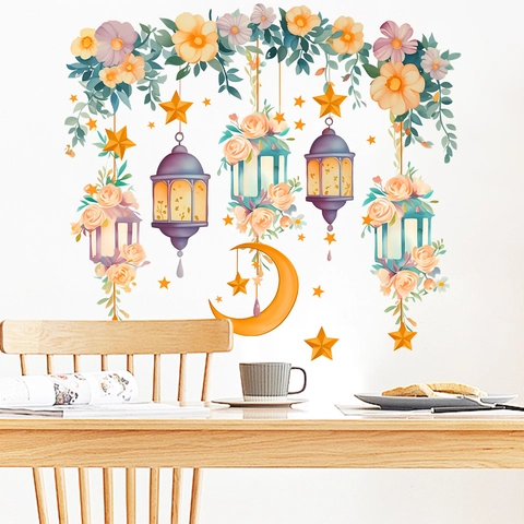 Pegatinas de Pared de Ramadán con Flores Luna y Linternas PVC Autoadhesivas Impermeables Luna Estrella Decoración Eid Mubarak