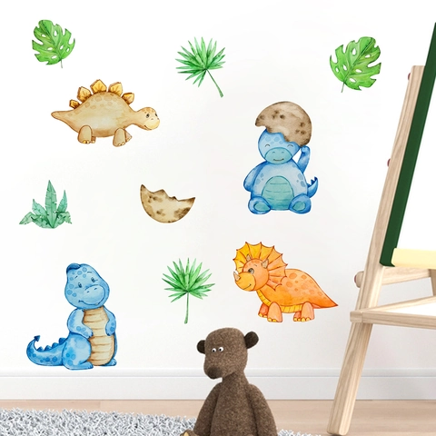 Pegatinas de Pared de Dinosaurios en Acuarela Para Decoración de Habitación Infantil Autoadhesivo PVC Dibujos Animados Hojas