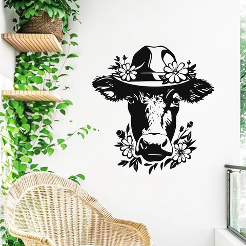 Creatieve PVC Koeienkop Bloem Hoed Muursticker Verwijderbare Waterdichte Vinyl Sticker Voor Woonkamer Slaapkamer Decoratie