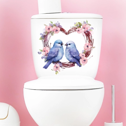 Blue Birds Heart Wreath Waterproof PVC Toilet Sticker Watercolor Floral Self-Adhesive Wall Decal For Bathroom Home Decor