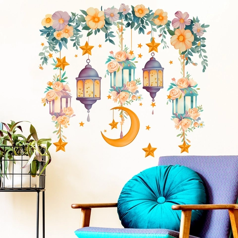 Pegatinas de Pared de Ramadán con Flores Luna y Linternas PVC Autoadhesivas Impermeables Luna Estrella Decoración Eid Mubarak