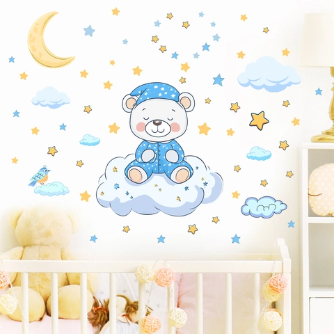 Luminous Bear Moon Stars Wall Stickers Glow In The Dark PVC Decorative Decals For Kids Room Bedroom Nursery Home Decor