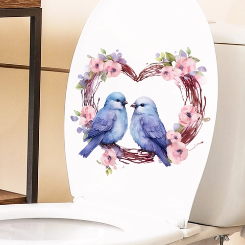 Blue Birds Heart Wreath Waterproof PVC Toilet Sticker Watercolor Floral Self-Adhesive Wall Decal For Bathroom Home Decor