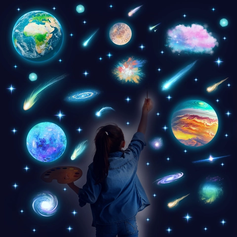 Adesivi Murali Luminosi Pianeti Spaziali Fluorescenti Galassia Stelle Terra Decorazione Adesivi in PVC Removibili per Camera Bambini