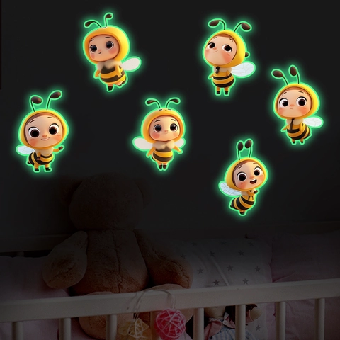 Cartoon Baby Bee Luminous Wall Stickers Glow In The Dark PVC Self Adhesive Decals For Kids Nursery Bedroom Wall Decor