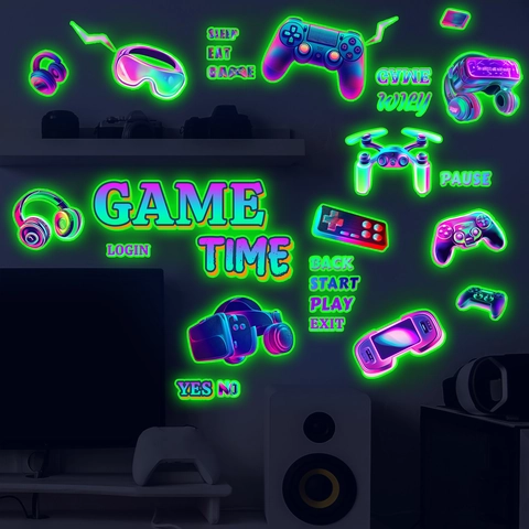 Leuchtende Gamer Wandaufkleber Neon Game Controller VR Headset Selbstklebende Cyberpunk Wandtattoo Für Gaming Zimmer