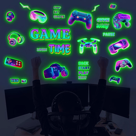 Leuchtende Gamer Wandaufkleber Neon Game Controller VR Headset Selbstklebende Cyberpunk Wandtattoo Für Gaming Zimmer