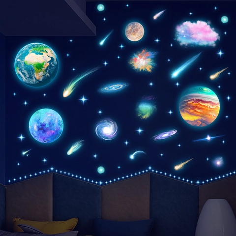 Adesivi Murali Luminosi Pianeti Spaziali Fluorescenti Galassia Stelle Terra Decorazione Adesivi in PVC Removibili per Camera Bambini