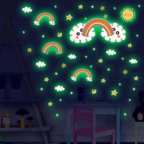 Adesivi Murali Ponte Arcobaleno Fluorescenti PVC Stelle Nuvole Sole Cartone Animato Decalcomanie da Parete per Cameretta