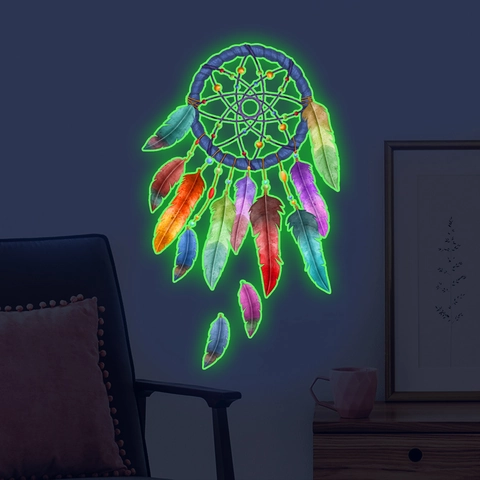 Luminous Dreamcatcher Wall Sticker PVC Glow In The Dark Watercolor Feather Decal For Bedroom Living Room Home Decor