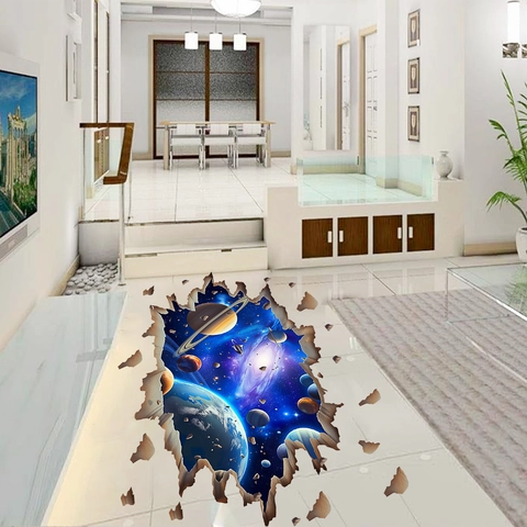 3D Visual Cracked Space Wall Sticker PVC Waterproof Galaxy Earth Saturn Planet Mural For Living Room Bedroom Floor Decor