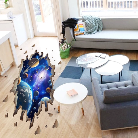 3D Visual Cracked Space Wall Sticker PVC Waterproof Galaxy Earth Saturn Planet Mural For Living Room Bedroom Floor Decor