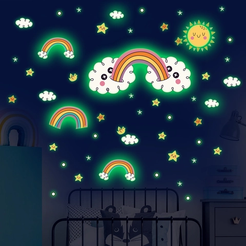 Adesivi Murali Ponte Arcobaleno Fluorescenti PVC Stelle Nuvole Sole Cartone Animato Decalcomanie da Parete per Cameretta