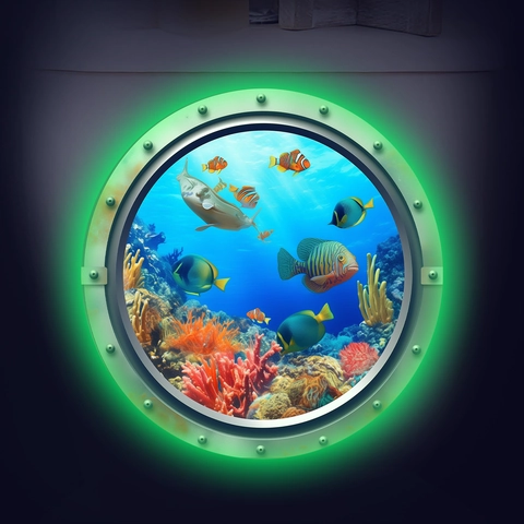 3D Submarine Window Ocean Life Glow In The Dark Wall Sticker Luminous Underwater World PVC Decal For Bathroom Home Decor