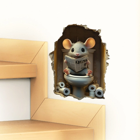 Creatieve 3D Muursticker Muizenhol Grappige Muis Die Krant Leest Op Toilet Verwijderbare Waterdichte PVC Muurdecoratie