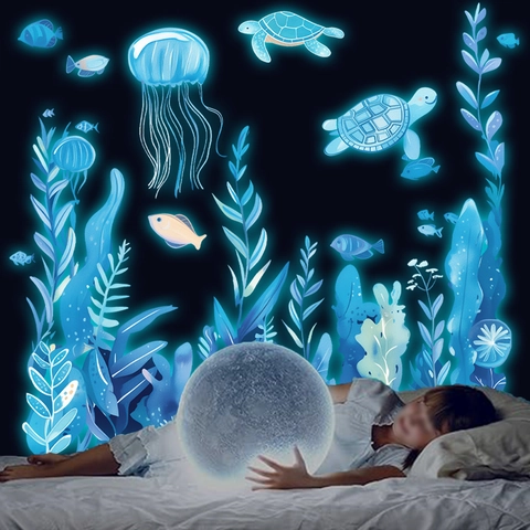 Luminous Ocean Sea Creatures Wall Stickers Glow In The Dark PVC Jellyfish Turtle Moon Decals For Kids Bedroom Home Decor