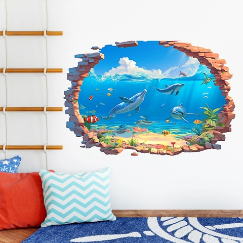 3D Ocean Sea World Dolphin Tropical Fish Broken Wall Effect PVC Wall Sticker Waterproof Decorative Removable Home Decal