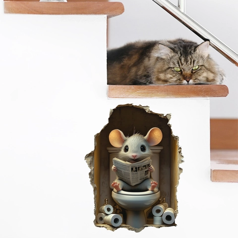 Creatieve 3D Muursticker Muizenhol Grappige Muis Die Krant Leest Op Toilet Verwijderbare Waterdichte PVC Muurdecoratie