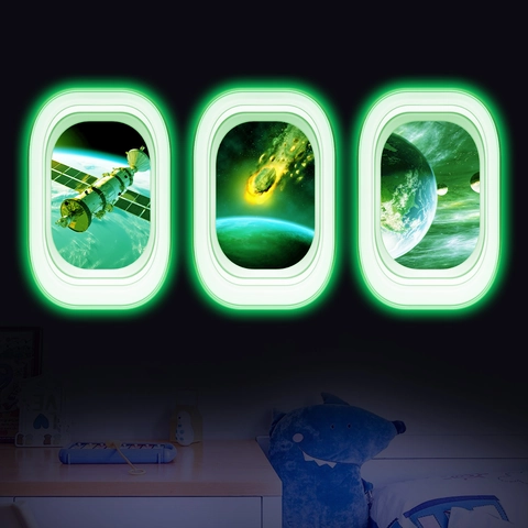 Glow In The Dark Space Airplane Window Wall Sticker Luminous Planet Satellite Meteorite Earth 3D Decal For Kids Bedroom Decor