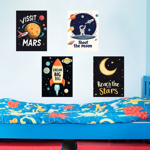 Space Exploration Astronaut Moon Rocket Wall Stickers Waterproof PVC Cartoon Decal For Kids Bedroom Living Room Decor
