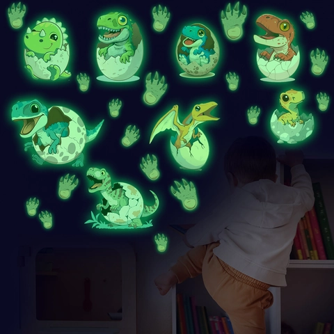 Adhesivos de Pared de Dinosaurio de Dibujos Animados Eclosionando en Cáscara de Huevo Fluorescentes de PVC para Dormitorio Infantil