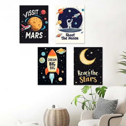 Space Exploration Astronaut Moon Rocket Wall Stickers Waterproof PVC Cartoon Decal For Kids Bedroom Living Room Decor