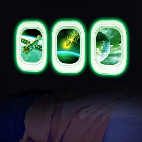 Glow In The Dark Space Airplane Window Wall Sticker Luminous Planet Satellite Meteorite Earth 3D Decal For Kids Bedroom Decor