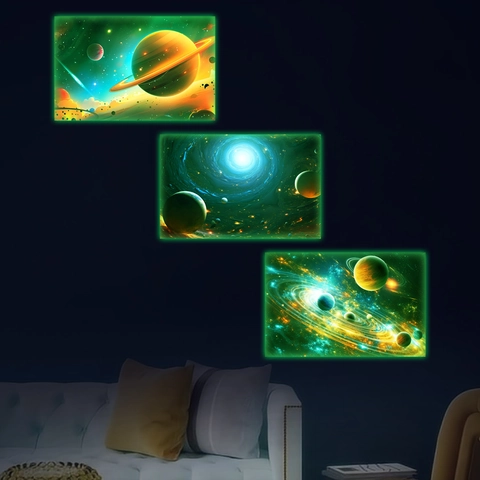 Grün Leuchtend Weltraum Planet Wandtattoo PVC Glow In The Dark Galaxie Nebel Kunst Poster Für Schlafzimmer Wohnzimmer Deko