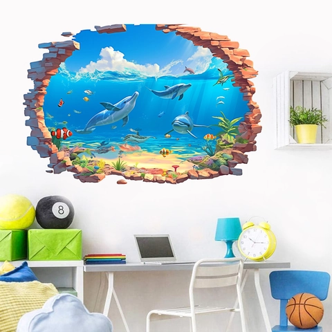 3D Ocean Sea World Dolphin Tropical Fish Broken Wall Effect PVC Wall Sticker Waterproof Decorative Removable Home Decal