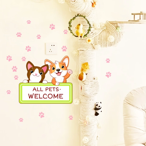 Adesivi Murali Luminosi Bagliore Nel Buio Gatto Cane Cartone Animato Impronte Zampe All Pets Welcome PVC Decalcomanie