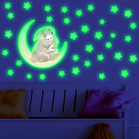 Leuchtende Hasen Auf Dem Mond Wandtattoo Sterne Mond Hasen Wandaufkleber Für Kinderzimmer Schlafzimmer Dekoration