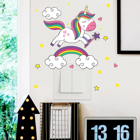 Adesivi Murali Unicorno Fluorescenti Arcobaleno Nuvola Stelle Blu Luminosi Decalcomanie da Parete per Camera dei Bambini Casa