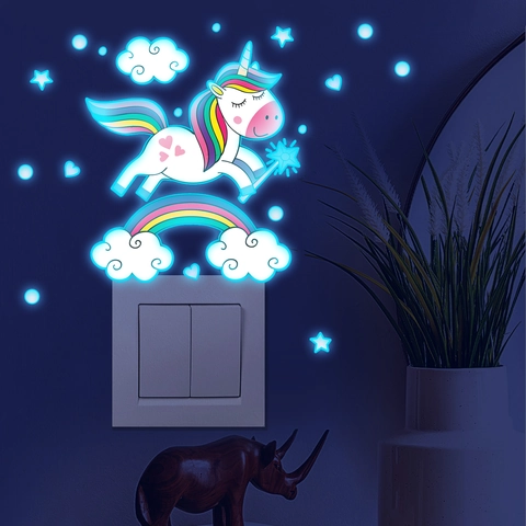 Adesivi Murali Unicorno Fluorescenti Arcobaleno Nuvola Stelle Blu Luminosi Decalcomanie da Parete per Camera dei Bambini Casa