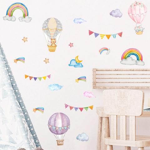 Adesivi Murali Mongolfiera Arcobaleno Acquerello per Cameretta Bambini Decorazione Rimovibile Animali Cartoni Animati in PVC