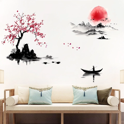 Chinese Style Landscape Wall Sticker Red Plum Blossom Ink Painting Waterproof PVC Wall Decal For Living Room Home Decor