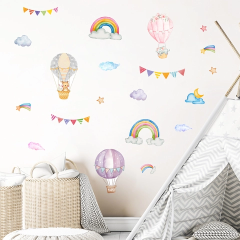 Adesivi Murali Mongolfiera Arcobaleno Acquerello per Cameretta Bambini Decorazione Rimovibile Animali Cartoni Animati in PVC