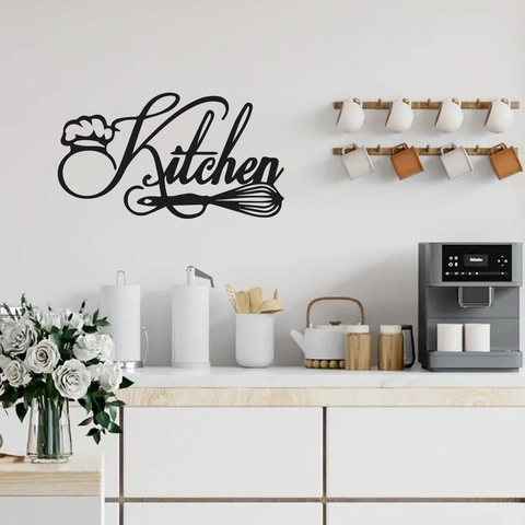 Black Kitchen Wall Sticker PVC Decal Artistic English Text With Chef Hat Whisk Design For Home Dining Room Kitchen Decoration