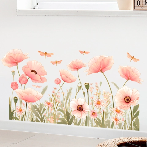 Blumen Rosa Mohn Wandtattoo Wasserdicht PVC DIY Selbstklebend Abnehmbar Blumen Libelle Wandaufkleber Für Haus Deko