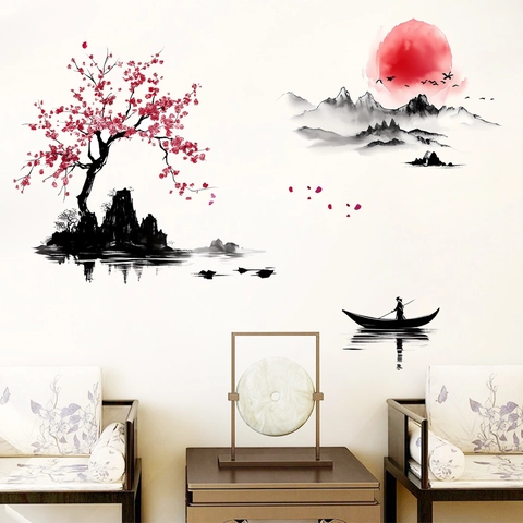 Chinese Style Landscape Wall Sticker Red Plum Blossom Ink Painting Waterproof PVC Wall Decal For Living Room Home Decor