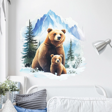 Watercolor Brown Bear Wall Sticker PVC Self Adhesive Snow Mountain Forest Decal For Kids Room Bedroom Living Room Decor