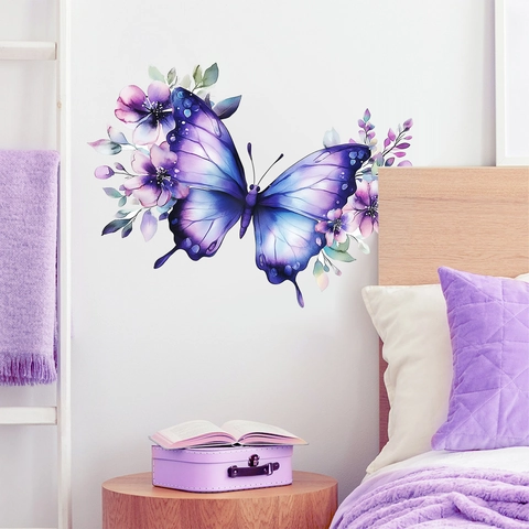 Aquarell Lila Schmetterling Blume Wandtattoo PVC Abnehmbare DIY Kunst Aufkleber Für Schlafzimmer Wohnzimmer Wand Deko