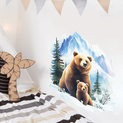 Watercolor Brown Bear Wall Sticker PVC Self Adhesive Snow Mountain Forest Decal For Kids Room Bedroom Living Room Decor