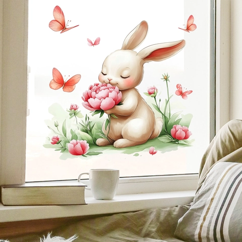 Simpatico Adesivo Statico per Finestre con Coniglio e Fiori in PVC Acquerello Decalcomania in Vetro per Cameretta